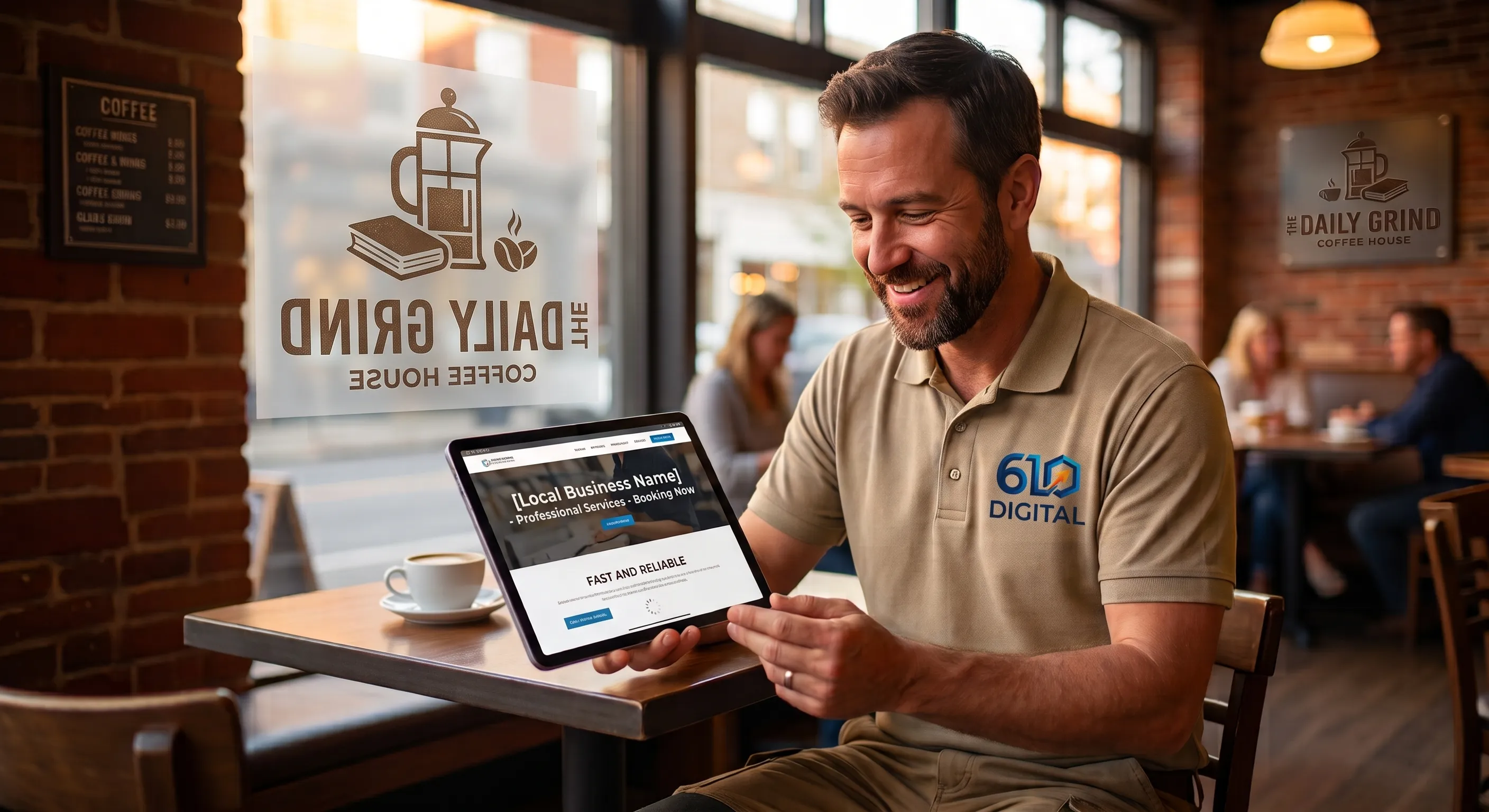 A local business owner smiling at a coffee shop table while reviewing his new website on a tablet