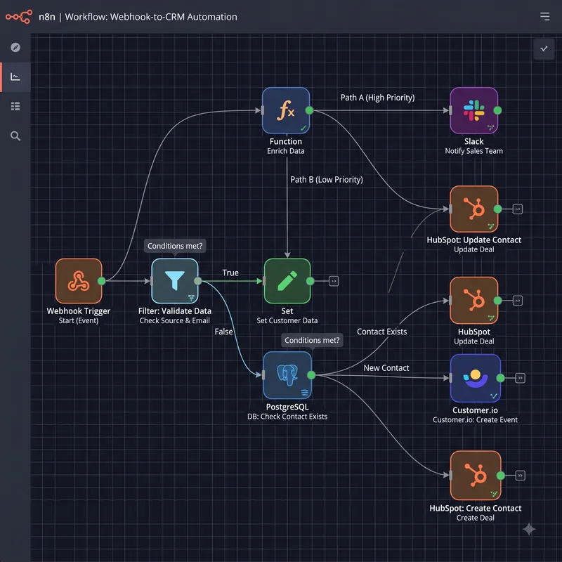 n8n automation workflow routing webhook form data through validation into HubSpot and other CRM tools