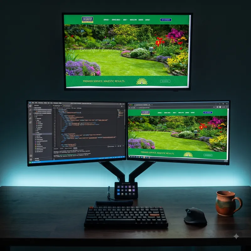 Multi-monitor desk setup showing a landscaping company website being coded and previewed live