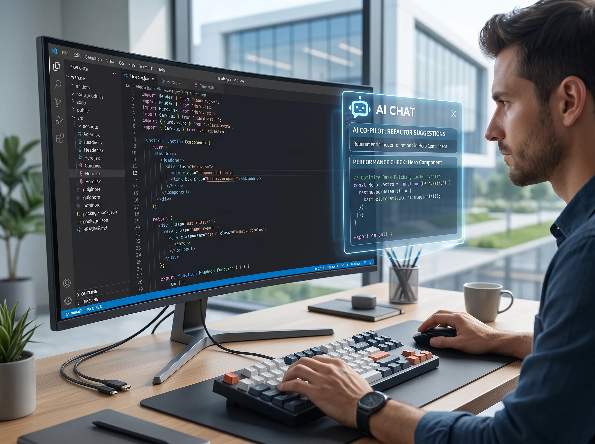 A developer working in VS Code with an AI coding assistant panel open, reviewing refactor suggestions and performance checks