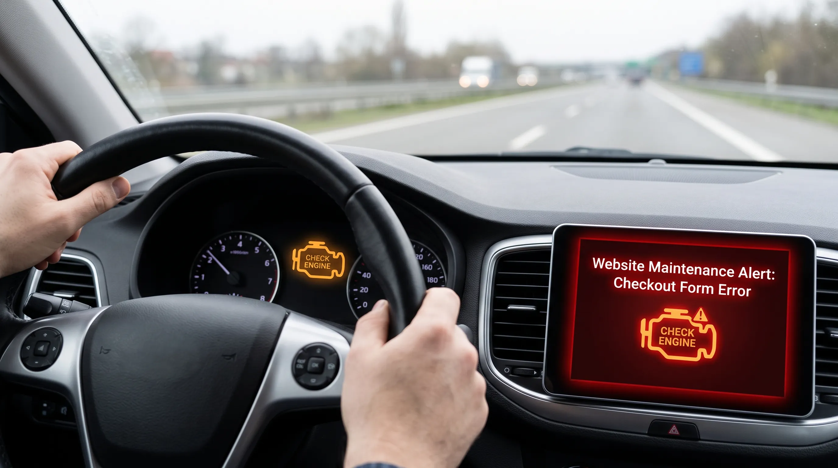 A car dashboard warning light symbolizing an overdue website maintenance check