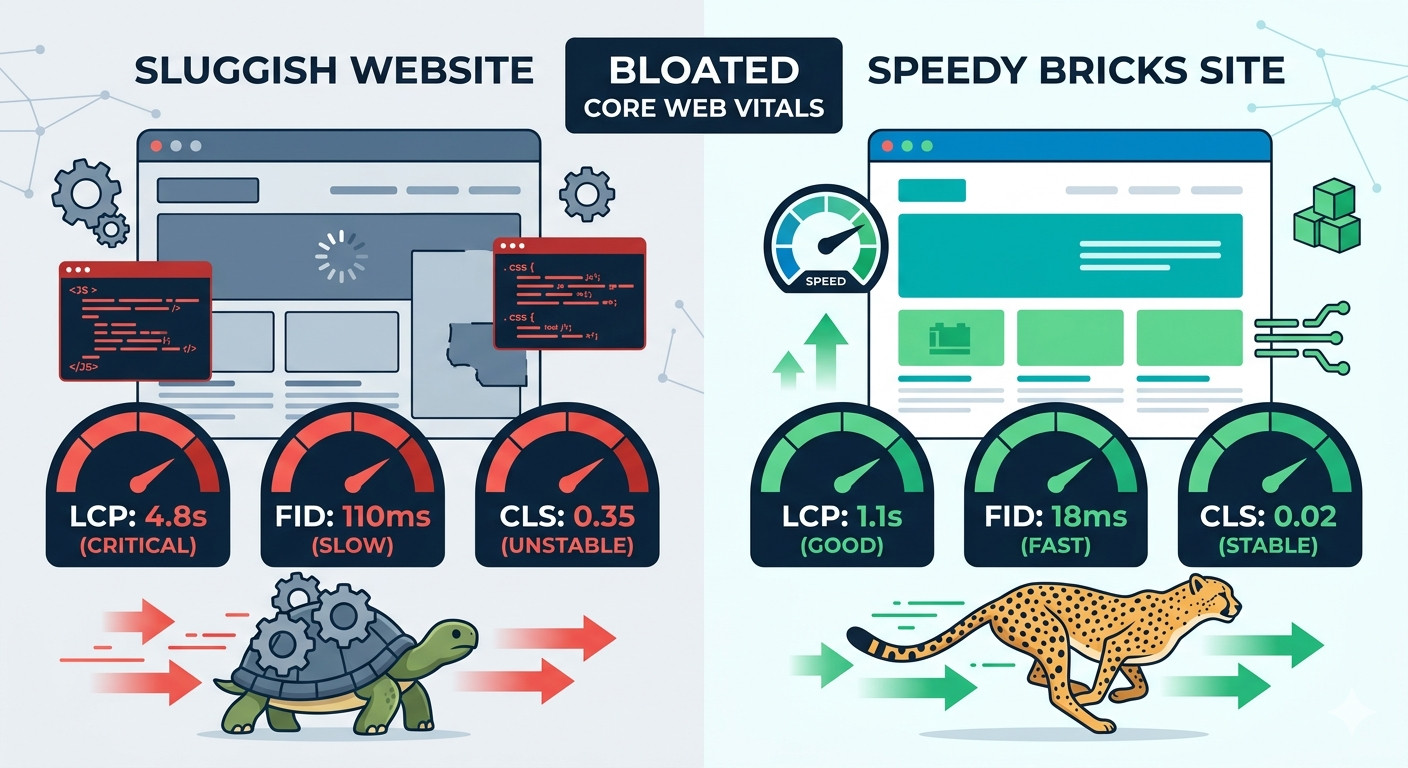 Diagram showing bloated code injected into a page by popular website builders