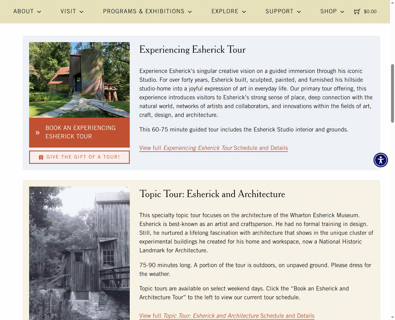 Wharton Esherick Museum Tours webpage render