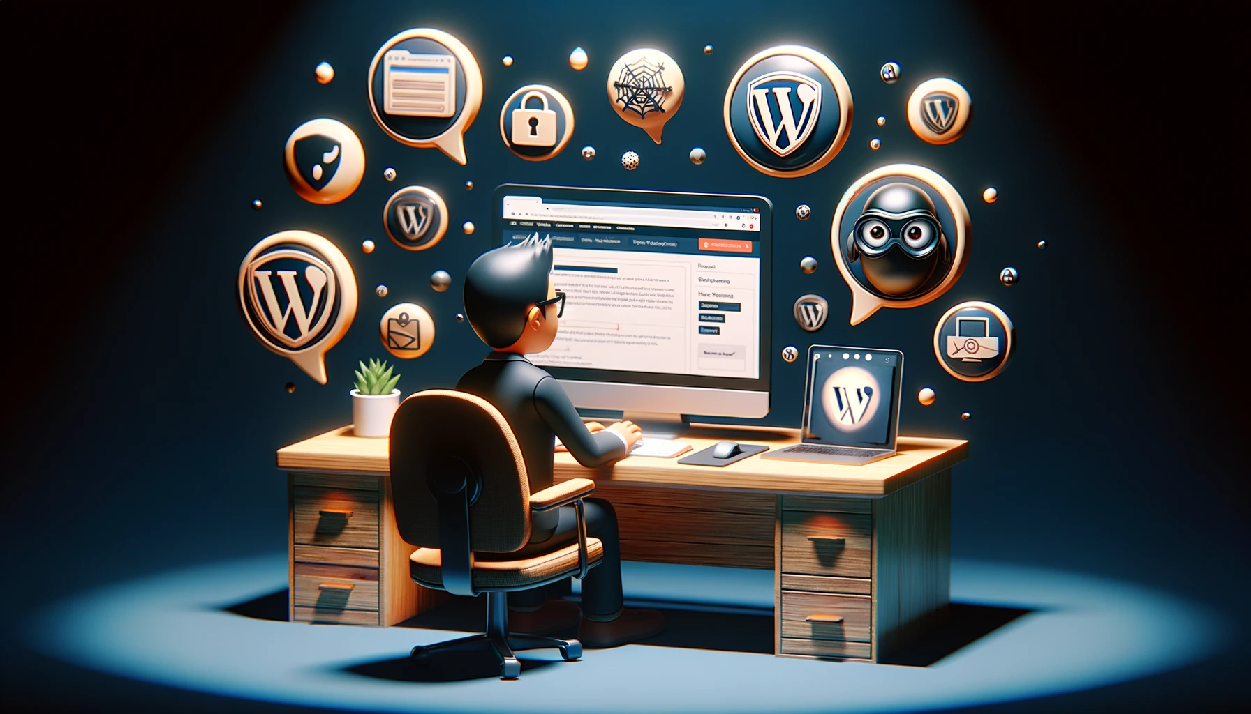 pixar-like 3D image of a man sitting at a desk with a computer screen and logo bubbles floating over the desk