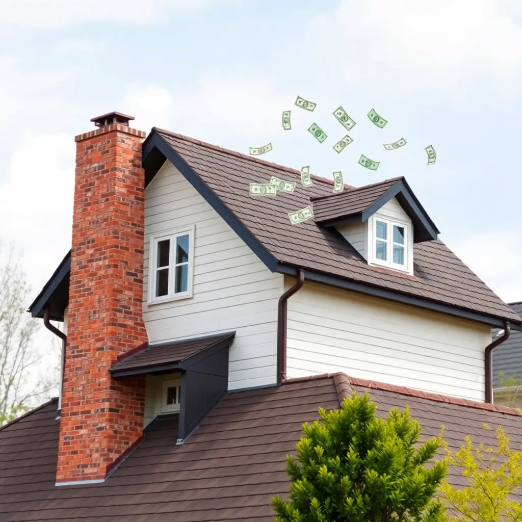 a house with dollar bills flying out of the roof