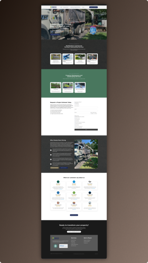Screenshot of a website featuring Krob Landscape's services. The page includes images of landscaping projects, testimonials, contact information, and a call to action to request a quote. The background is a dark gradient.