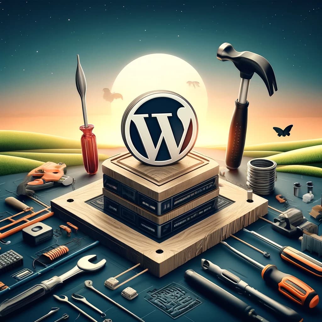 AI generated image of WordPress Maintenance with different tools on the sunset background