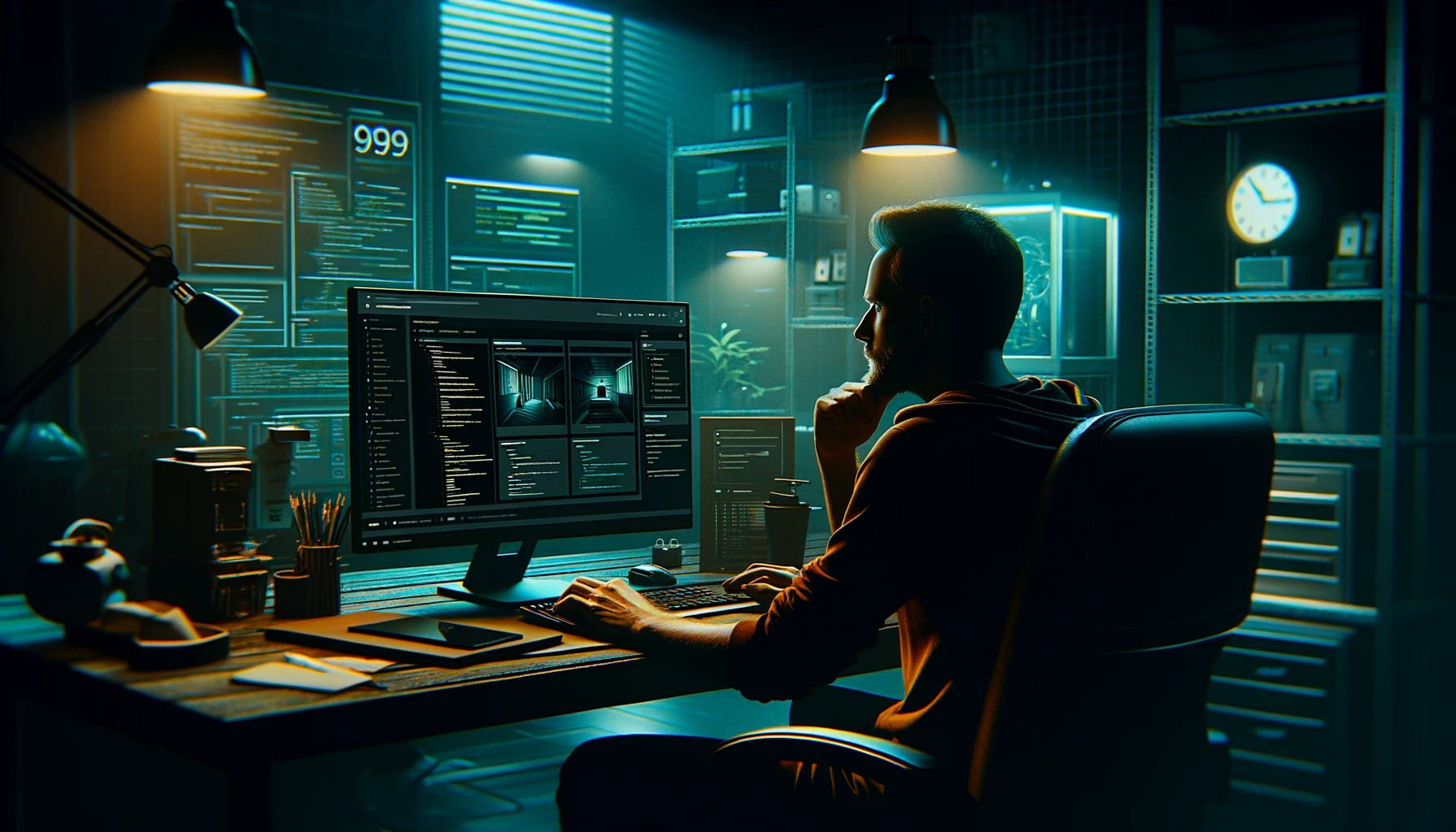 AI rendered image of a web developer in a dark office with computer